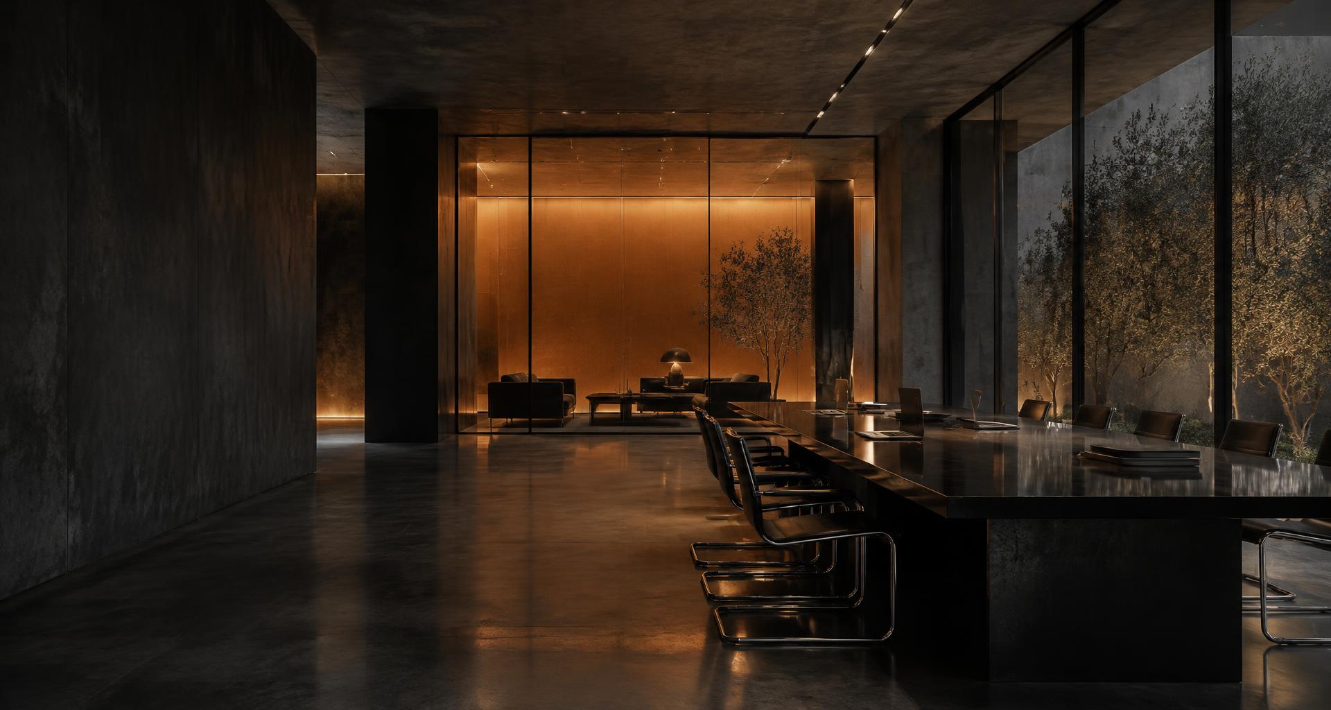 Contemporary creative workspace with a warm orange architectural accent